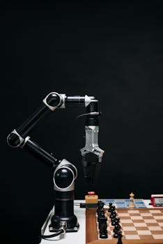 A robotic arm strategically playing chess, symbolizing AI innovation.