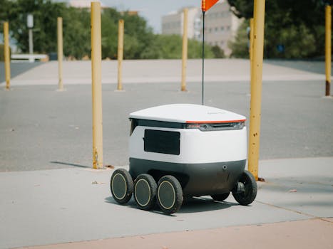 Futuristic autonomous delivery robot navigating a city street, showcasing modern technology.