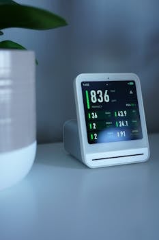 A sleek air quality monitor showing CO2 levels and other metrics on a desk indoors.