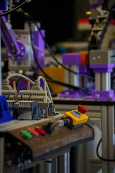 Close-up of industrial automation setup with control panel and machinery parts.